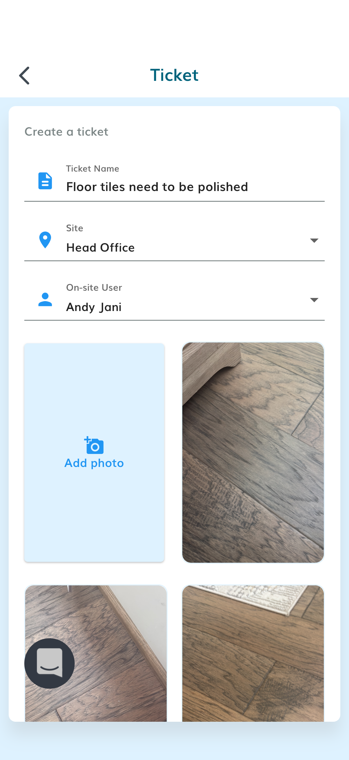 FotoFinish Manager App showing corrective action tickets screen on mobile