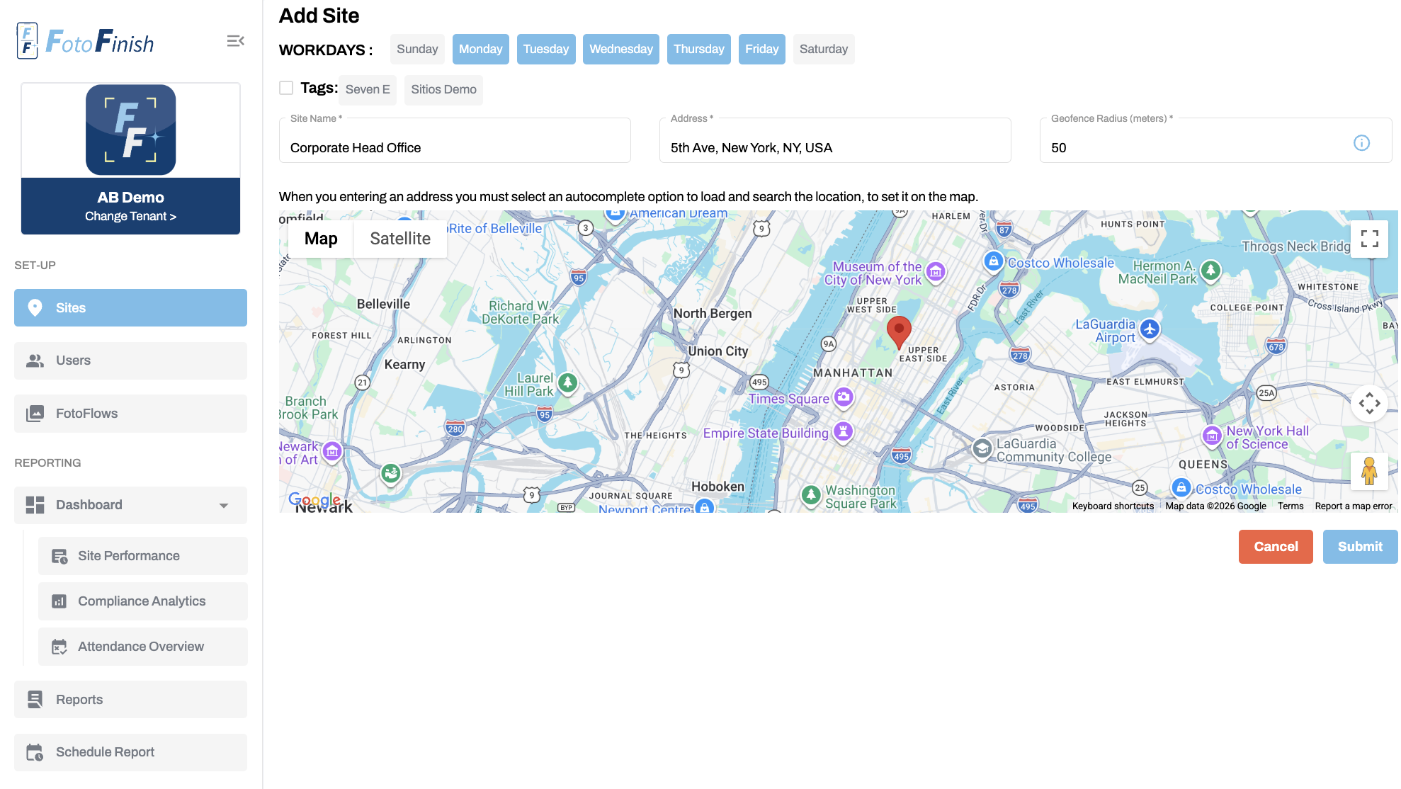 FotoFinish website screenshot showing the admin New Site setup screen