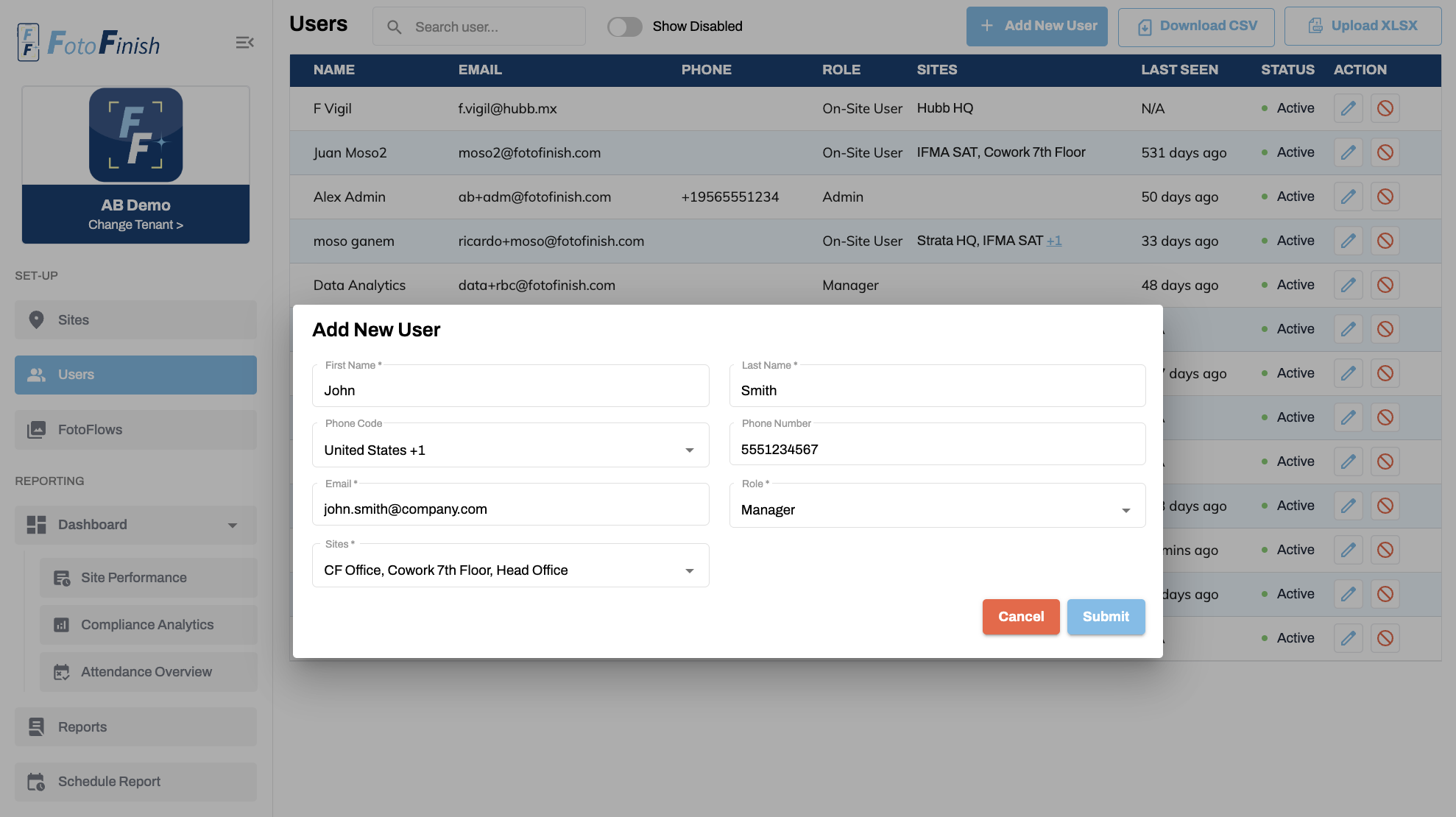 FotoFinish website screenshot showing the admin New User invitation screen with role and site assignment