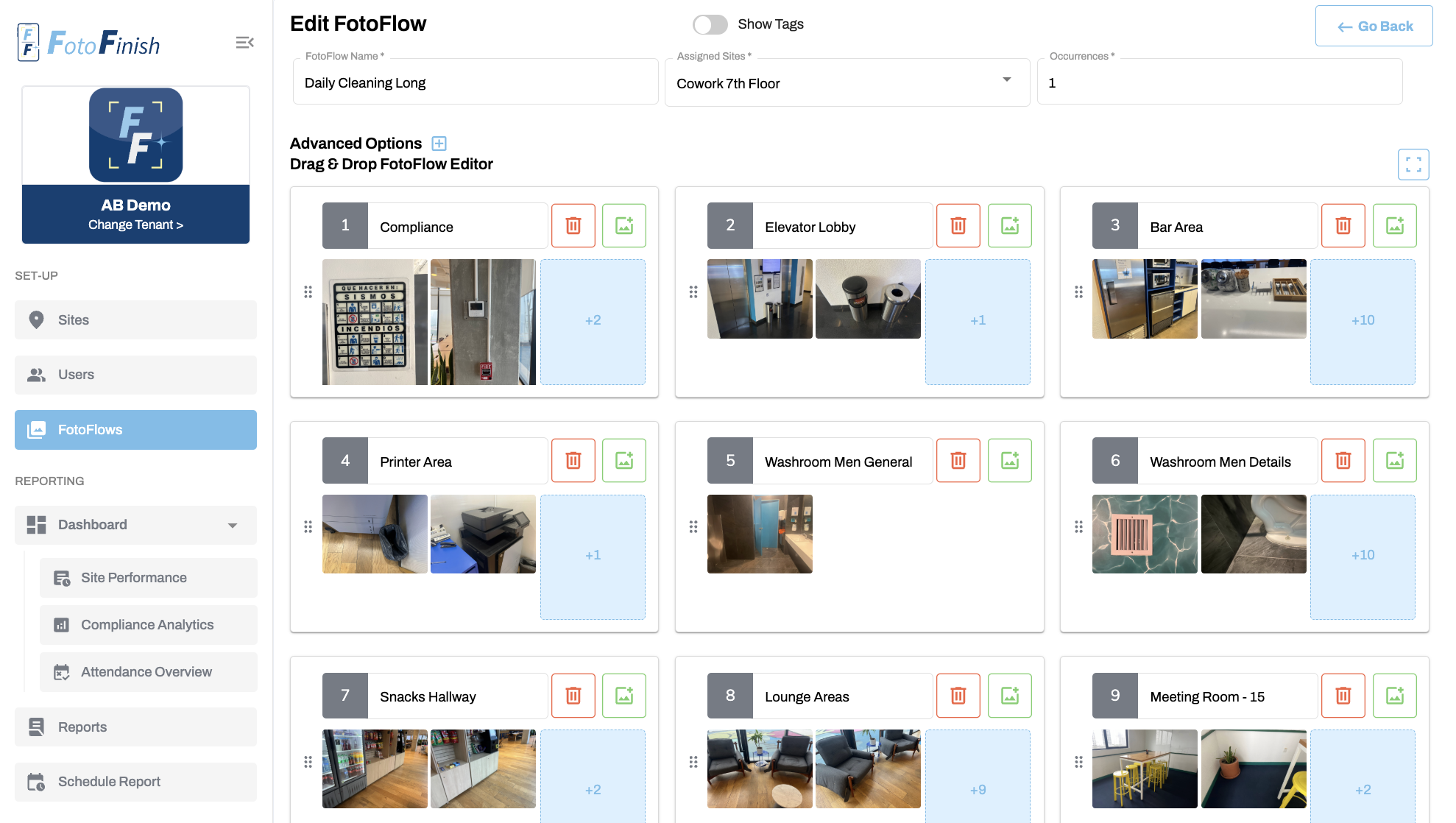 FotoFinish website screenshot showing the FotoFlow creation and slot configuration screen